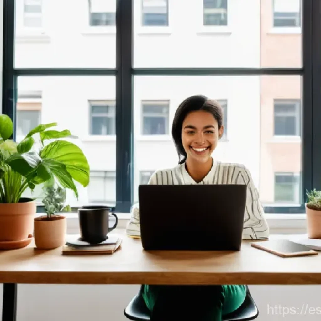 프리랜서의 업무 성과 기록 관리 - **Prompt:** "A diverse female freelancer, mid-20s, with a warm smile, sitting comfortably at a minim...