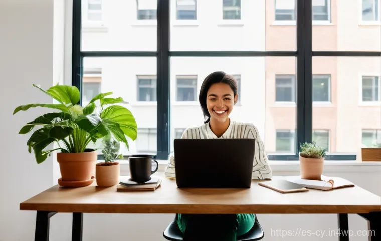 프리랜서의 업무 성과 기록 관리 - **Prompt:** "A diverse female freelancer, mid-20s, with a warm smile, sitting comfortably at a minim...